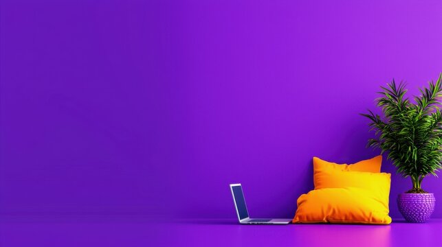 Man interacting with ai agents on laptop in front of purple wall with plant