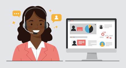 Smiling Customer Service Representative with Headset and Computer.