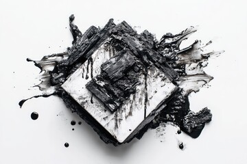 Black paint splatters engulf a square tile
