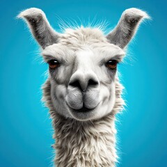 Obraz premium A close-up of a fluffy, white llama with brown eyes against a smooth, light blue background, smiling directly ahead