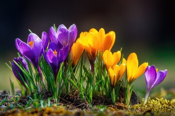 Vibrant purple and yellow crocuses emerge from the earth in spring