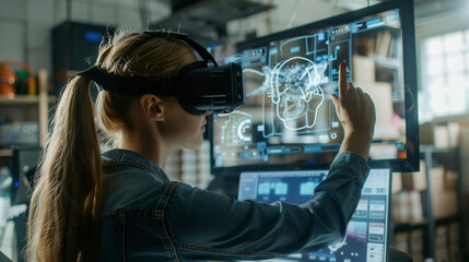 Metaverse technology concept. Woman with VR virtual reality goggles.