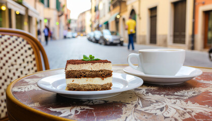 Cup of coffee with piece of cake on a vintage table