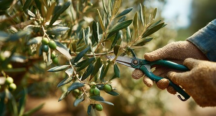 Olive tree branch held, pruned by gloved hands wielding scissors in a sunlit orchard scene, focused on the branch and cutting tool