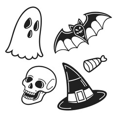 A spooky collection of halloween icons featuring a ghost, bat, skull, witch hat, and candy, perfect for holiday designs and decorations