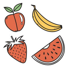 Fruit icons apple, banana, strawberry, and watermelon for healthy eating, nutrition, and summer concepts