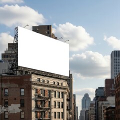 Blank billboard on building in new york city with cloudy sky background