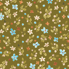 Retro floral seamless pattern. Abstract watercolor flowers design in old style. Cute kid fflorals. For textile, fabric, clothing, packaging