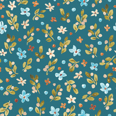 Fototapeta premium Retro floral seamless pattern. Abstract watercolor flowers design in old style. Cute kid fflorals. For textile, fabric, clothing, packaging