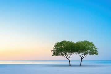 Obraz premium Lone tree on a beach at sunset with a vibrant sunflower field in the foreground
