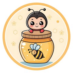 Adorable Chibi Cartoon Of A Honey Jar Sitting With Its Cute Bee Friend, Sweet Kawaii Food Illustration Full Of Warm Golden Charm, Playful Friendship And Wholesome Character Design