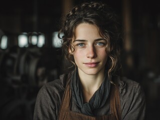 Young woman with curly hair wearing an apron and scarf, stands confidently in a workshop, showcasing her skills and dedication in a creative environment filled with tools and machinery
