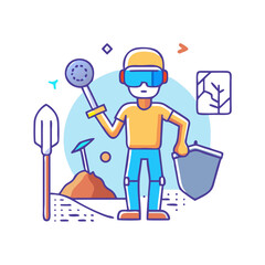 Stylized cartoon miner character vector illustration with spade, shield and pickaxe over black background