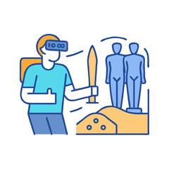Person in VR wielding sword crafting human figures in digital world
