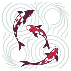 Three koi fish swim in a circle, their red and white patterns contrasting against the swirling blue water, vector illustration