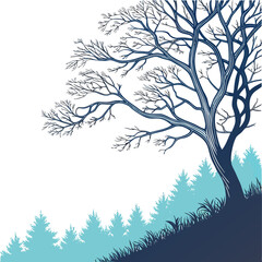 A bare tree on a hill with evergreen trees in the background, , creating a simple and elegant winter scene