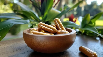 Golden softgel capsules in a wooden bowl on a table outdoors, with green plants in the background. - Powered by Adobe