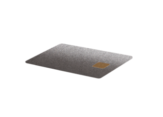 Gray textured bank card with golden chip, tilted in perspective angle. The matte surface creates a