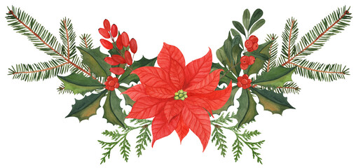 Watercolor Christmas bouquet with poinsettia, pine and fir branches, holly, and barberry. Perfect for holiday cards, invitations, patterns, wall art, and festive decorations.