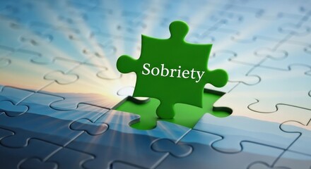 A green puzzle piece labeled "Sobriety" floats above a partially assembled puzzle, with a sunrise background, suggesting completion