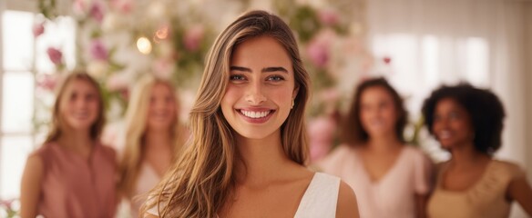 The bride smiling in elegant white dress surrounded by joyful bridesmaids and florals