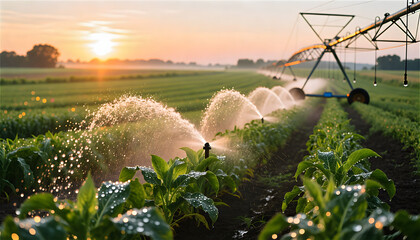 Modern agriculture using center pivot irrigation system with water droplets at sunset enhancing productivity and sustainability