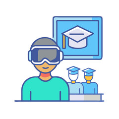 Virtual reality educational experience: Student wearing VR headset with graduation concept displayed