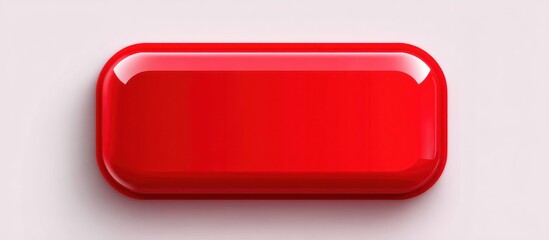 A shiny, red, rectangular button with rounded corners sits on a plain white background, casting a soft shadow