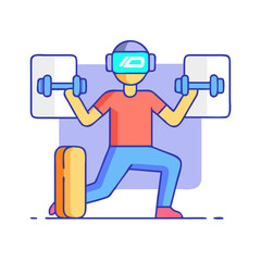 VR fitness workout: person exercising with dumbbells in virtual reality cartoon illustration