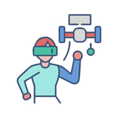 Person using virtual reality headset interacting with digital object in a simulated environment