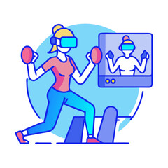 Cartoon female exercising in virtual reality for fitness and entertainment