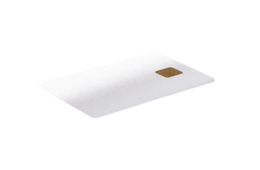 White bank card with golden chip, tilted in perspective view. The card has a soft matte textured