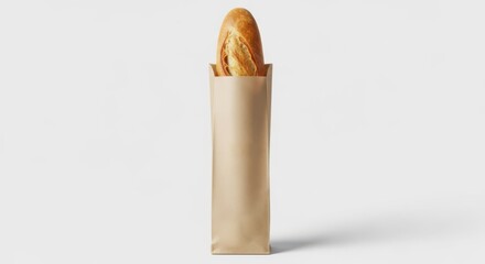 Freshly baked baguette in a paper bag isolated on white background