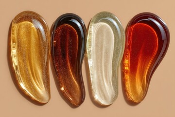 Four translucent, teardrop-shaped cosmetic samples in warm autumnal colors