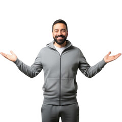 Man in grey hoodie and sweatpants gesturing with open arms transparent background