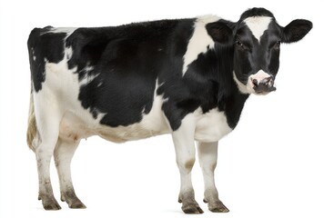 Holstein cow stands facing right on white. Distinct black and white spots. Neutral background