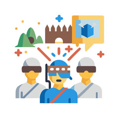 People experiencing augmented reality adventure visiting historical sites with VR headsets on, digital concept