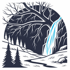 Obraz premium A serene winter landscape with a waterfall cascading beside a bare tree, a peaceful scene of natures beauty