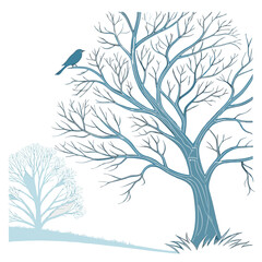 A lone bird perches on a bare tree branch, silhouetted against a winter sky, with a smaller tree in the background