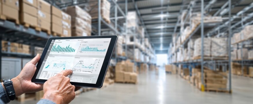 The Tablet Displaying Inventory Analytics in a Modern Warehouse with Shelves and Boxes in Background