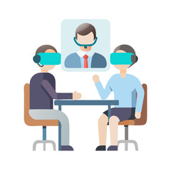 Virtual Reality Meeting Illustration Featuring Two Individuals in VR Headsets and a Consultant