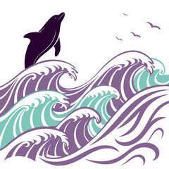 A dolphin leaps from stylized waves with birds flying above, , in a teal and purple marine scene