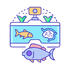 Colorful stylized illustration of an aquarium with fish and accessories on a black background