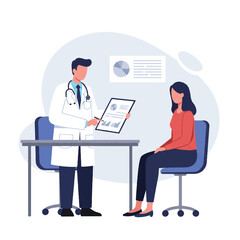 A flat 2D vector illustration shows a male doctor in a white coat explaining a chart to a seated female patient during a consultation in a clean, simplified style.