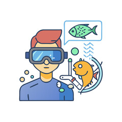Virtual Reality Scuba Diving Illustration of a Man with VR Goggles Surrounded by Fish