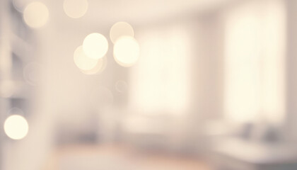 Blurred interior scene with window and light bokeh soft focus background, creating a dreamy airy ambience where glowing highlights bring calm serenity.