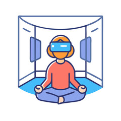 Person in VR headset meditating in digital space with monitors around them