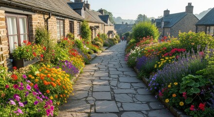 Fototapeta premium Cobblestone pathway flanked by colorful flowerbeds lines a quaint village street. Stone cottages with dark roofs cast shadows, light shines