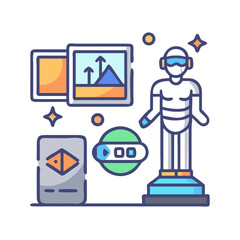 Modern futuristic virtual reality concept icon with robotic figure and digital screens