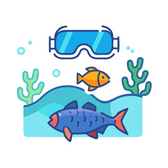 Fototapeta premium Underwater Life Flat Design Illustration with Fish, Coral and Diving Mask on Black Background